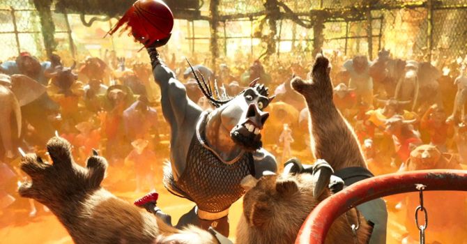 Mane Attraction menggiring bola roarball di lapangan berlatar lava dengan ekspresi penuh percaya diri.